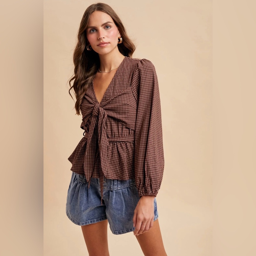 Annie Brown Plaid Tie-Front Long Sleeve Blouse